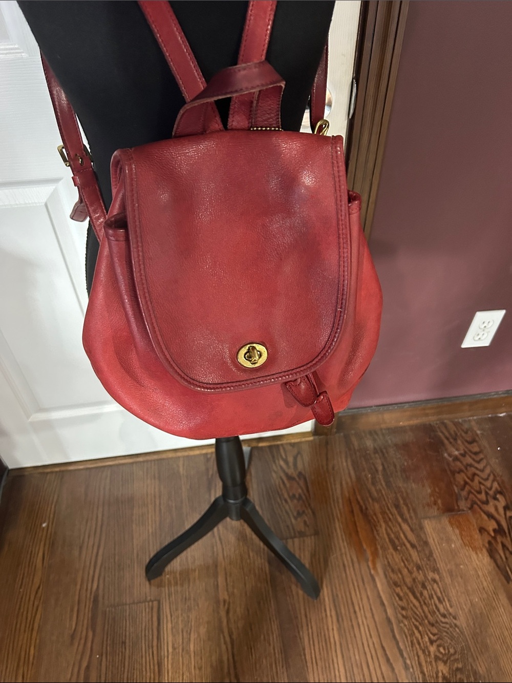 Vtg Coach red leather large drawstring bag backpack purse #9791 Costa Rica